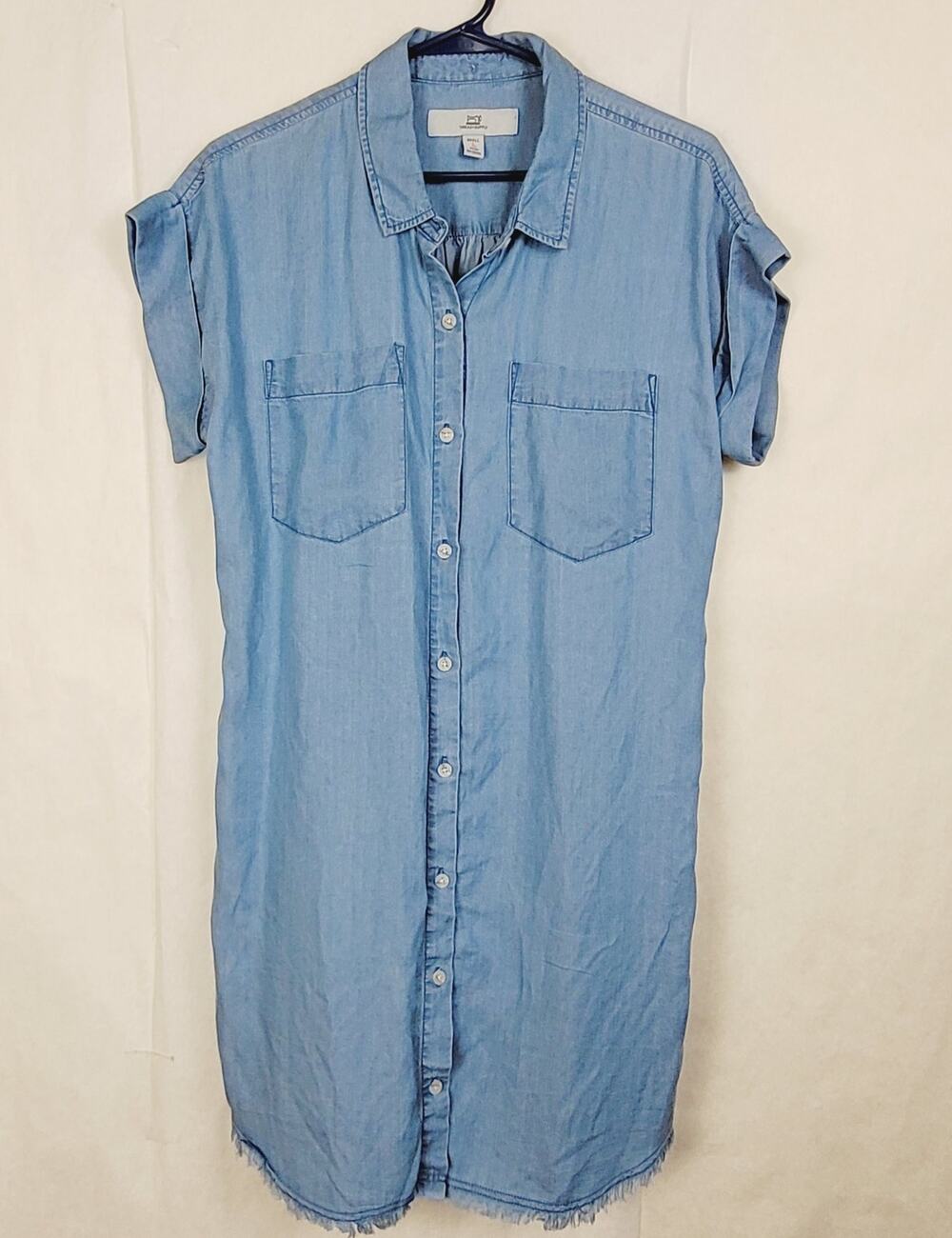 Thread + Supply blue chambray raw hem cuff sleeve shirt dress Size Small Western
